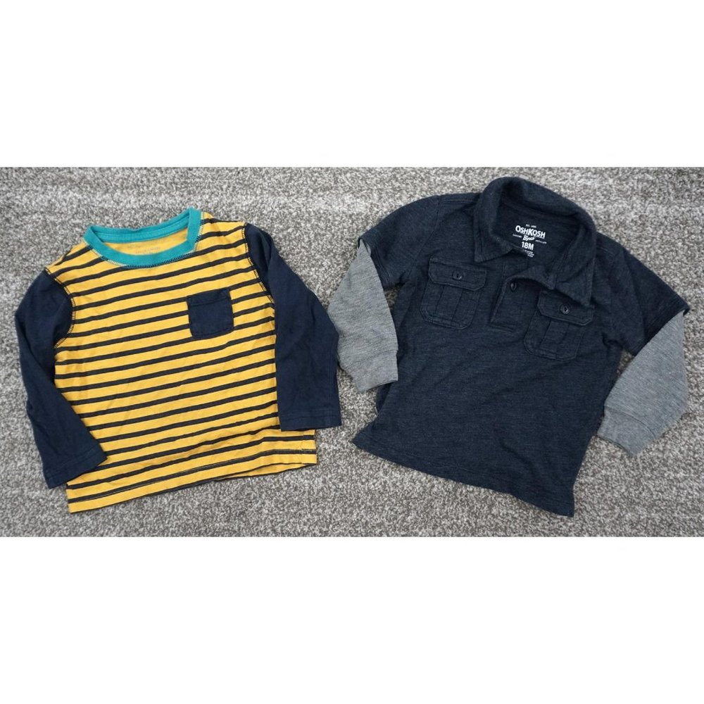 2 OshKosh Falls Creek Baby Boys Blue Gray Yellow Striped Long Sleeve Shirts 18m